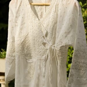 Pure cotton white traditional angrakha with tone on tone chikankari