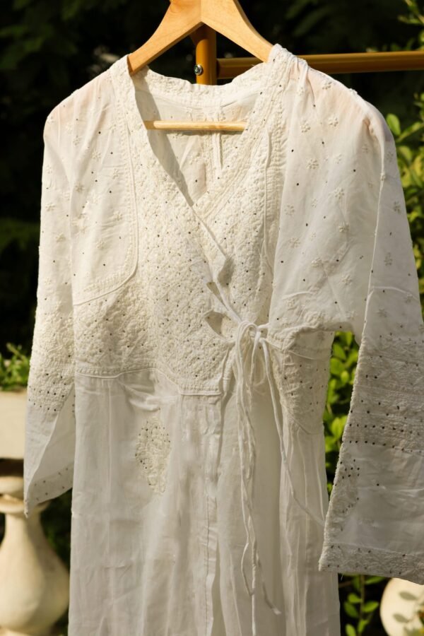 Pure cotton white traditional angrakha with tone on tone chikankari