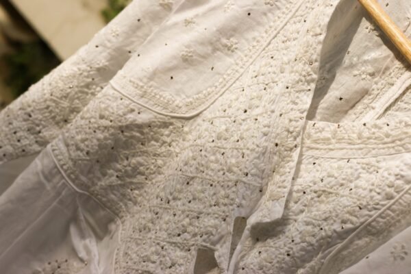 Pure cotton white traditional angrakha with tone on tone chikankari