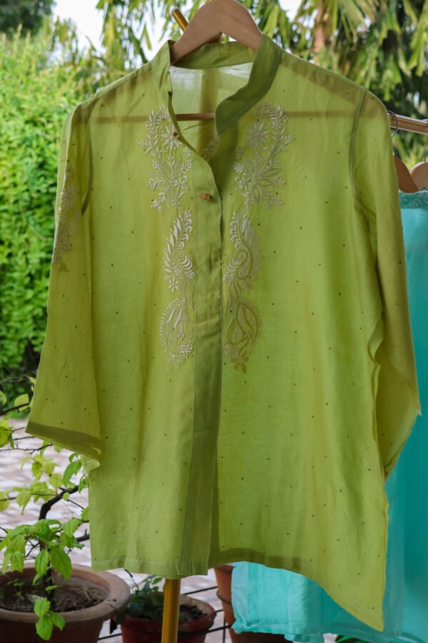 Sap Green Pure Chanderi Semi-Stitched Women’s Shirt.