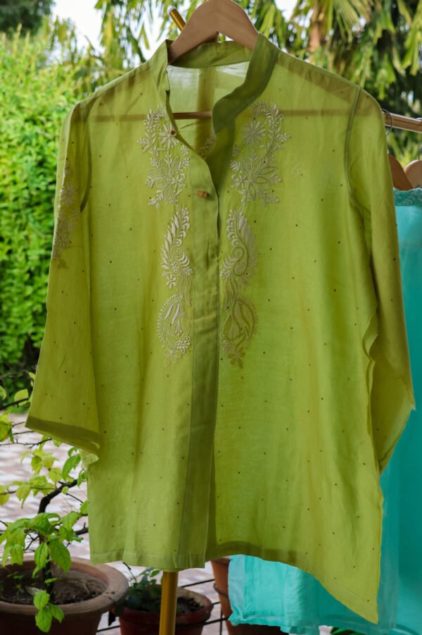 Sap Green Pure Chanderi Semi-Stitched Women’s Shirt.