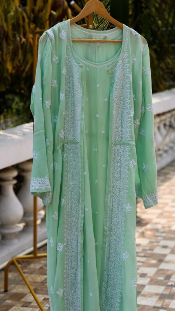 Sea Green Colored Georgette Shrug Styled Kurta with Chikankari.