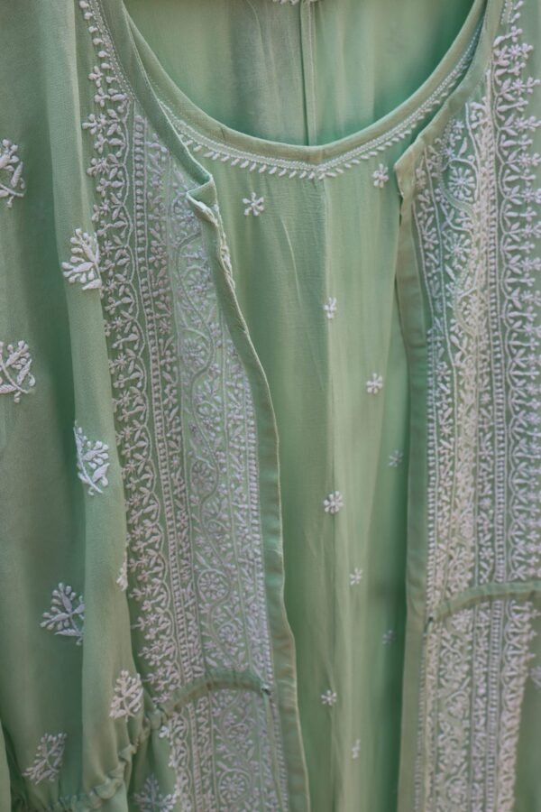 Sea Green Colored Georgette Shrug Styled Kurta with Chikankari.