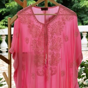 Pure georgette satin rose pink kaftan with tone on tone embroidery