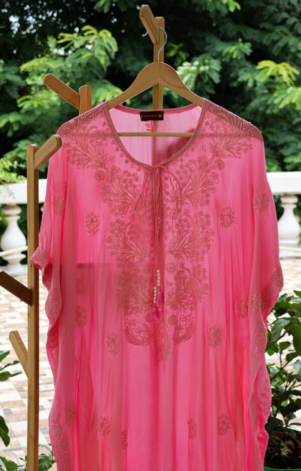 Pure georgette satin rose pink kaftan with tone on tone embroidery