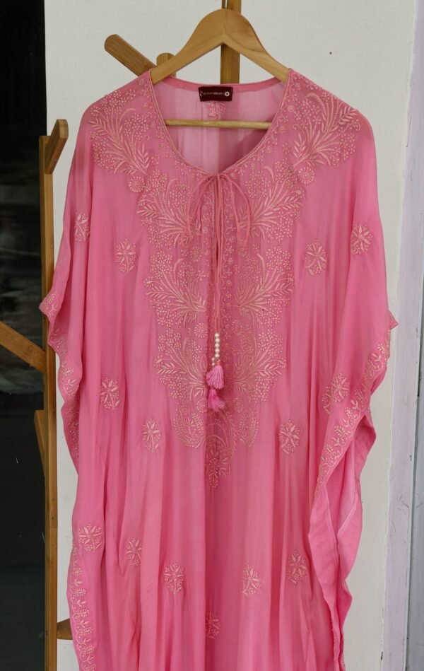 Pure georgette satin rose pink kaftan with tone on tone embroidery