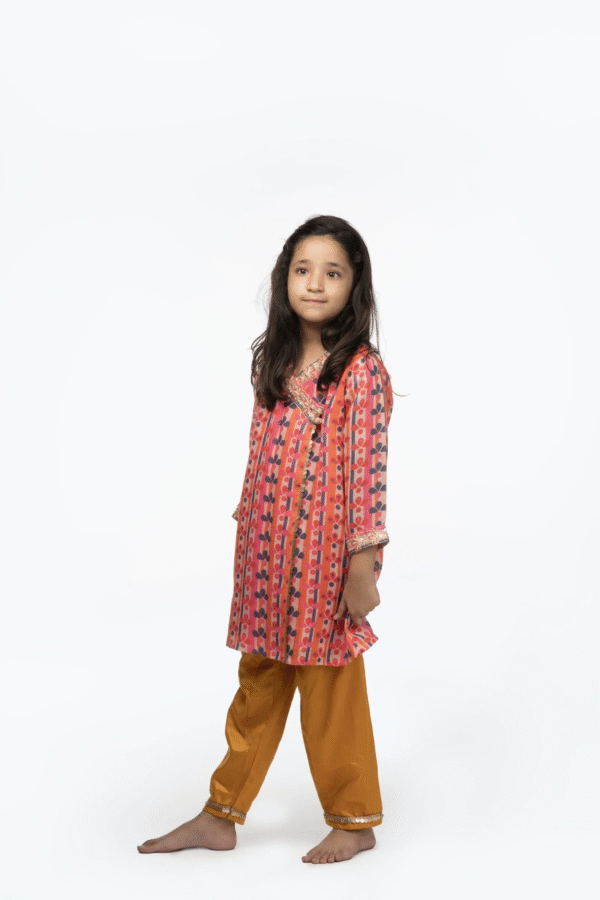 Angrakha Style Co-ord Set for Girls - Hand-Embroidered Linen - Image 2