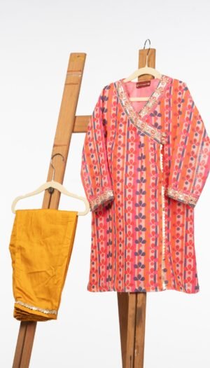 Angrakha Style Co-ord Set for Girls - Hand-Embroidered Linen