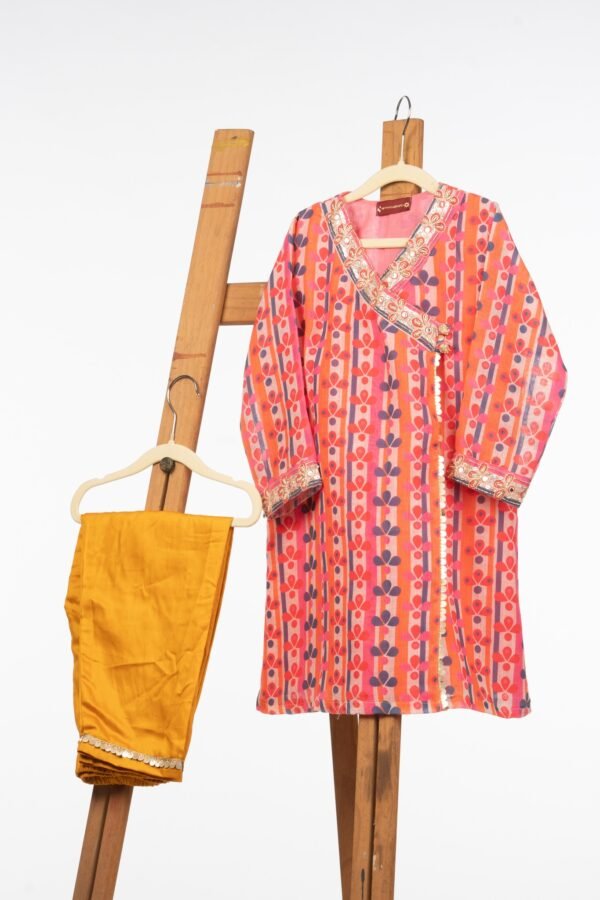 Angrakha Style Co-ord Set for Girls - Hand-Embroidered Linen