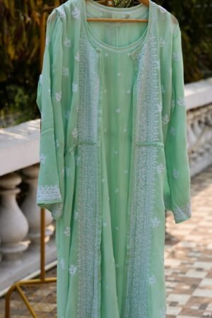Sea Green Colored Georgette Shrug Styled Kurta with Chikankari.