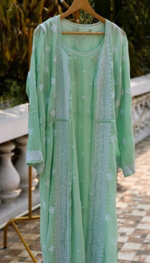 Sea Green Colored Georgette Shrug Styled Kurta with Chikankari.