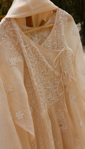 Nude Peach Colored Chanderi Angrakha Suit with Dupatta.