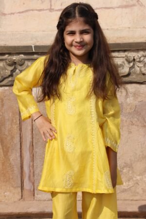 Yellow Girls Paisley Embroidered Chikankari Pure Cotton Kurti With Trousers