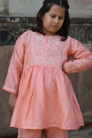 Girls Floral Embroidered Chikankari Pure Cotton Kurti With Trousers