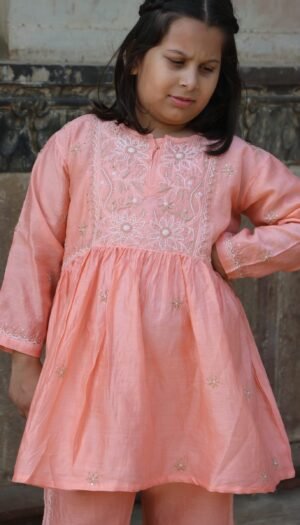 Girls Floral Embroidered Chikankari Pure Cotton Kurti With Trousers