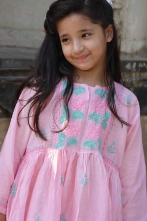 Girls Floral Cotton Kurti With Embroidered Pants