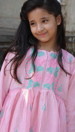 Girls Floral Embroidered Chikankari Pure Cotton Kurti With Trousers