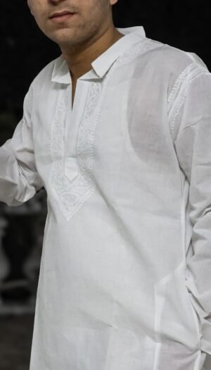 Classic White Chikankari Cotton Kurta for Men – Timeless Elegance