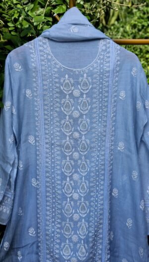 Powder Blue Pure Chanderi Suit with Chikankari Work