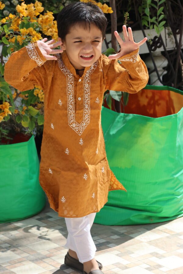 Cotton Jacquard Boy's Kurta with Cotton Pajamas - Image 8