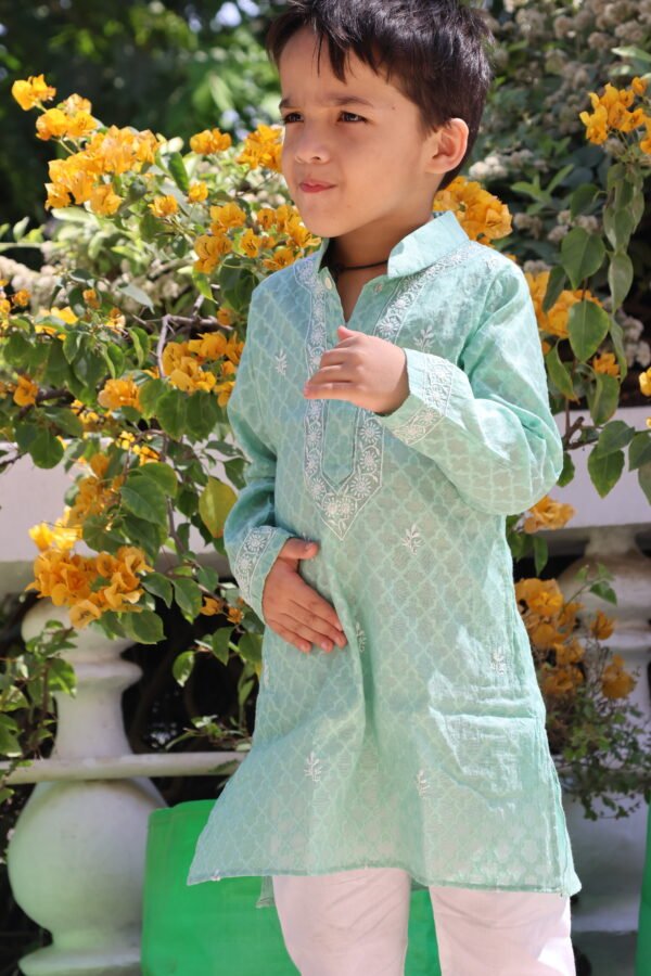 Cotton Jacquard Boy's Kurta with Cotton Pajamas - Image 3