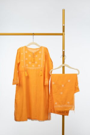 Pure Cotton Frock Style Kurta and Pant Set for Girls with Chikankari