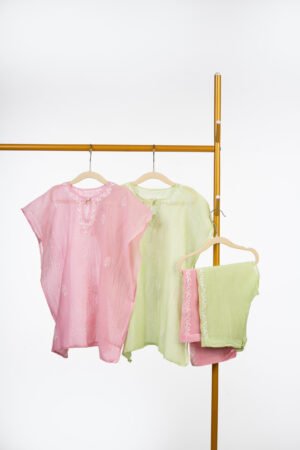 Girls mul chanderi kaftan kurta and pant set with chikankari boota all over.