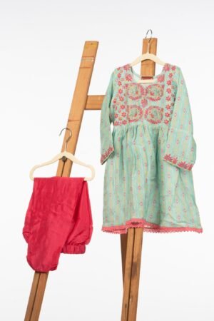 Modal Fabric Frock Style Kurta with Silk Pants for Girls. Adorned with Chikankari and Aari Work.