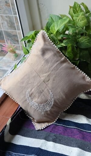 Pure Golden Tissue Cushion Covers with Chand Shaped Chikankari Embroidery