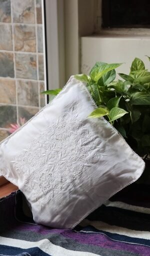 White Chanderi Cushion Covers with White Chikankari Jaal and Mukaish Work