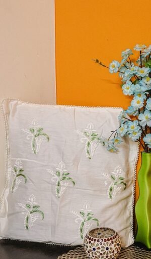 White Chanderi Cushion Covers with White Chikankari Embroidery