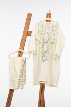 WHite Pure Cotton Frock-Style Kurta and Pant Set for Girls