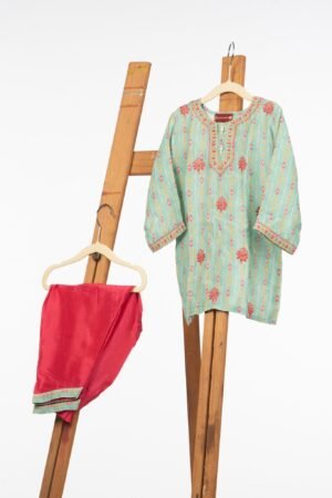Modal Fabric Frock Style Kurta with Silk Pants for Girls. Adorned with Chikankari and Aari Work.