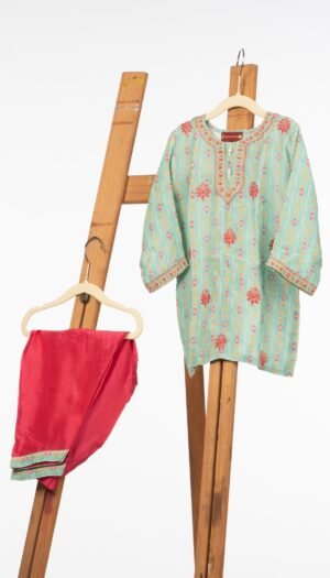 Modal Fabric Frock Style Kurta with Silk Pants for Girls. Adorned with Chikankari and Aari Work.