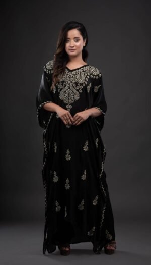 Black Chikankari Full-Length Kaftaan in Satin Georgette