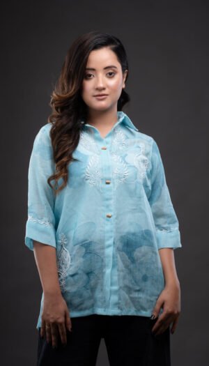 Digital Print Linen Shirt with Chikankari