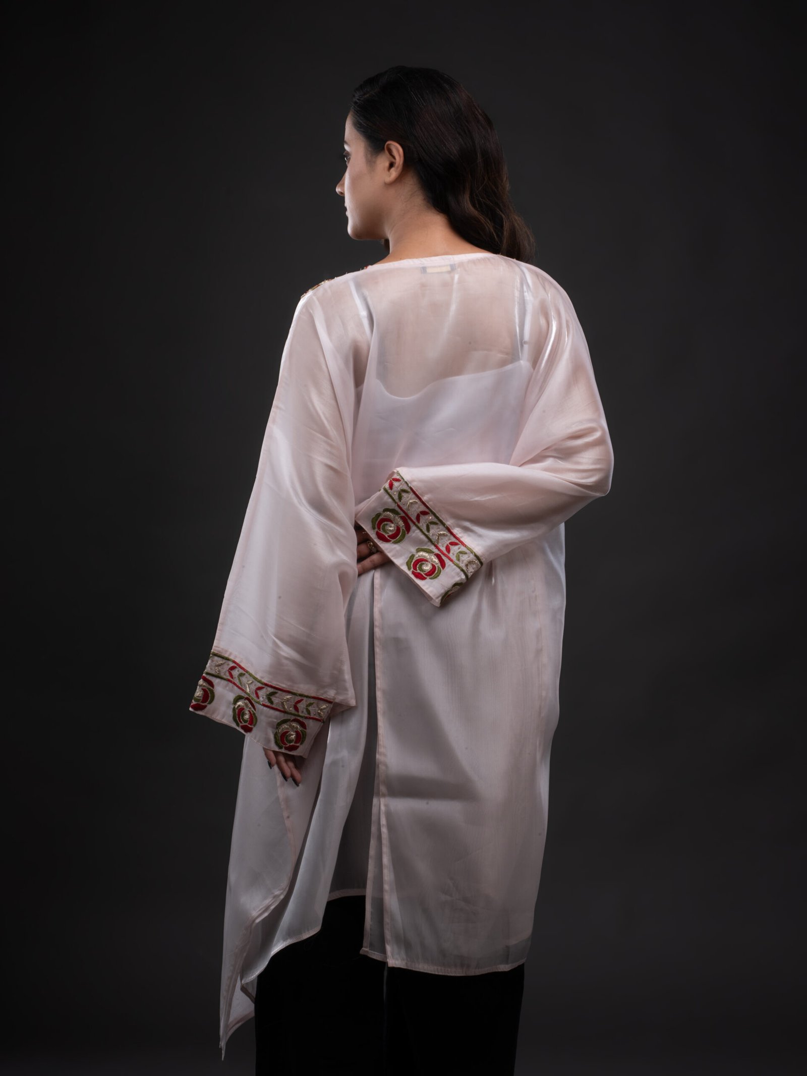 Glass-Organza Baby Pink Abaya with Zardozi-Work - Image 4
