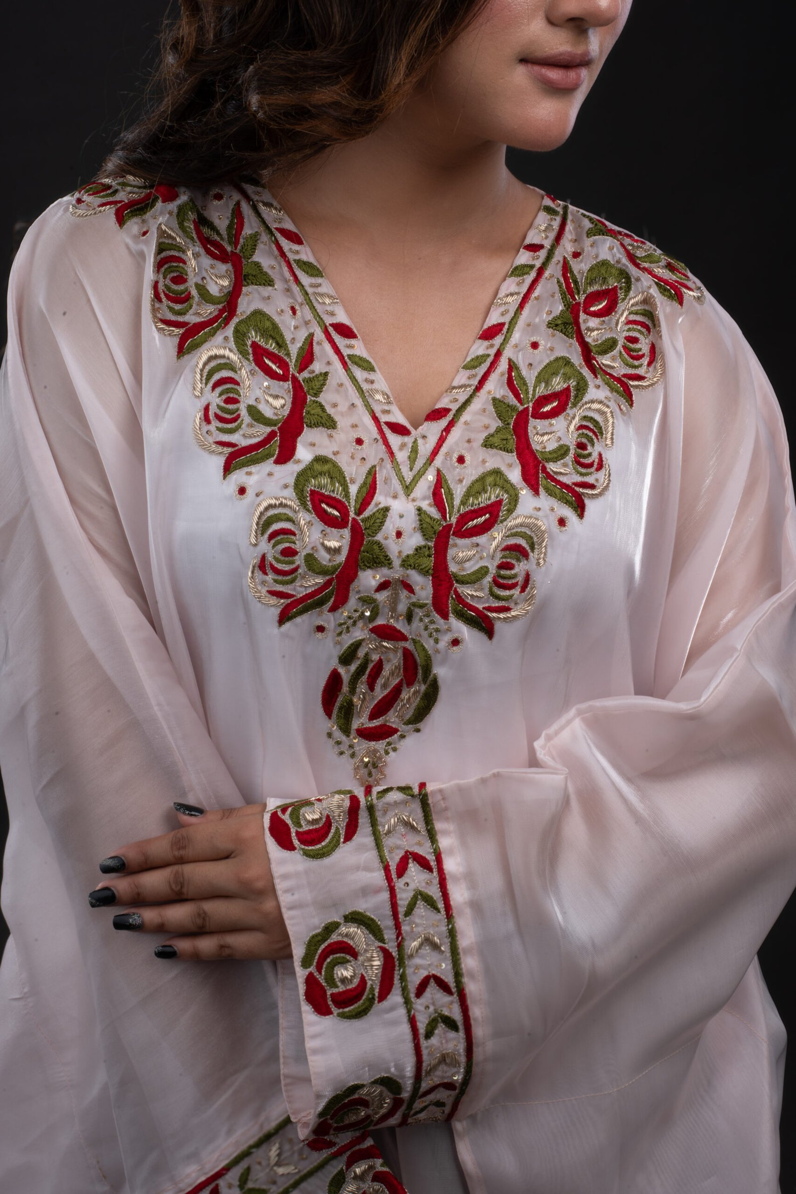 Glass-Organza Baby Pink Abaya with Zardozi-Work - Image 5