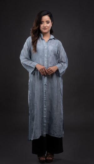 Long Chanderi Shirt Chikankari & Mukaish