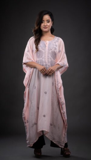 Baby Pink Muslin Kaftaan With Grey Chikankari