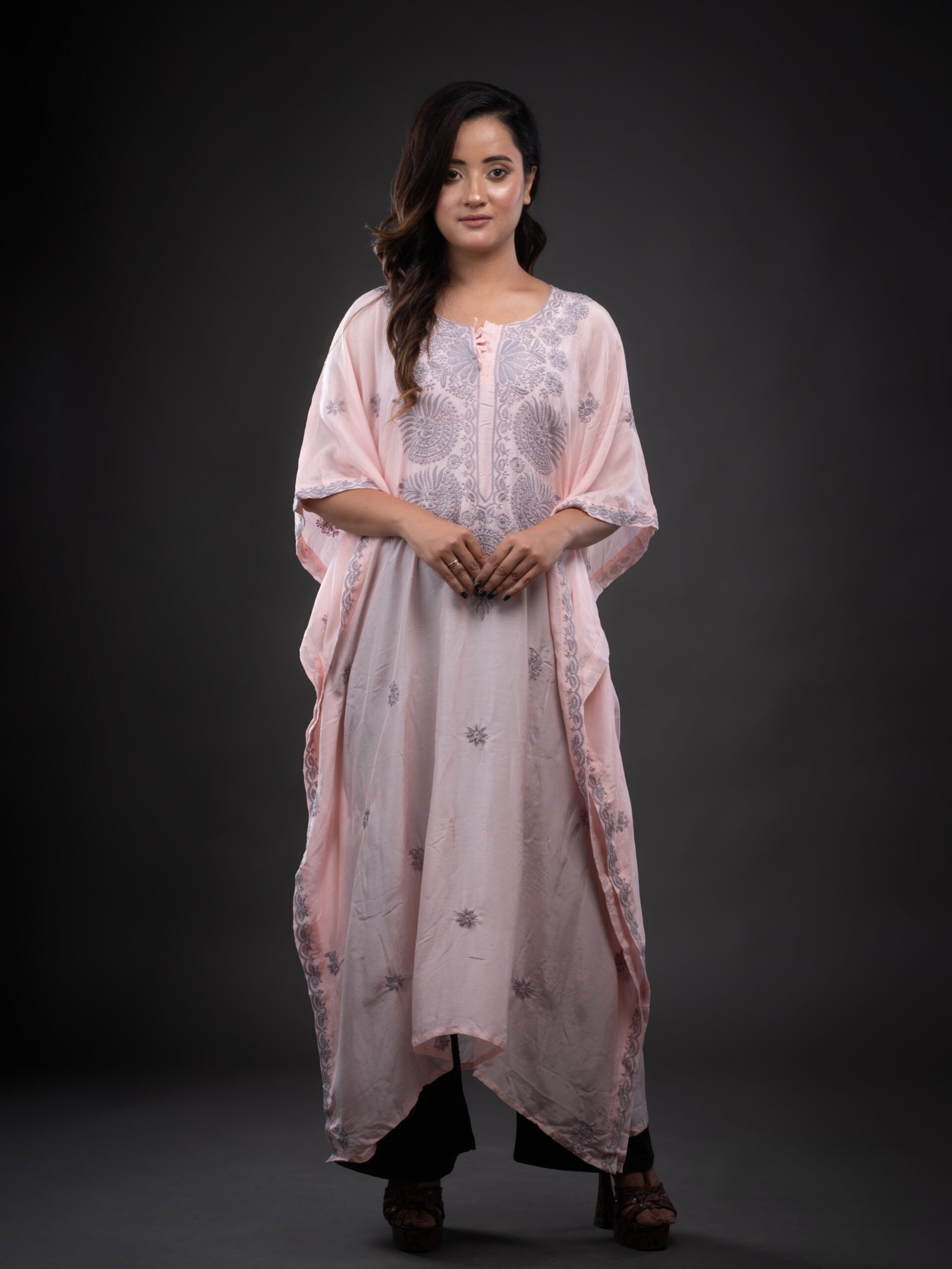 Baby Pink Muslin Kaftaan With Grey Chikankari