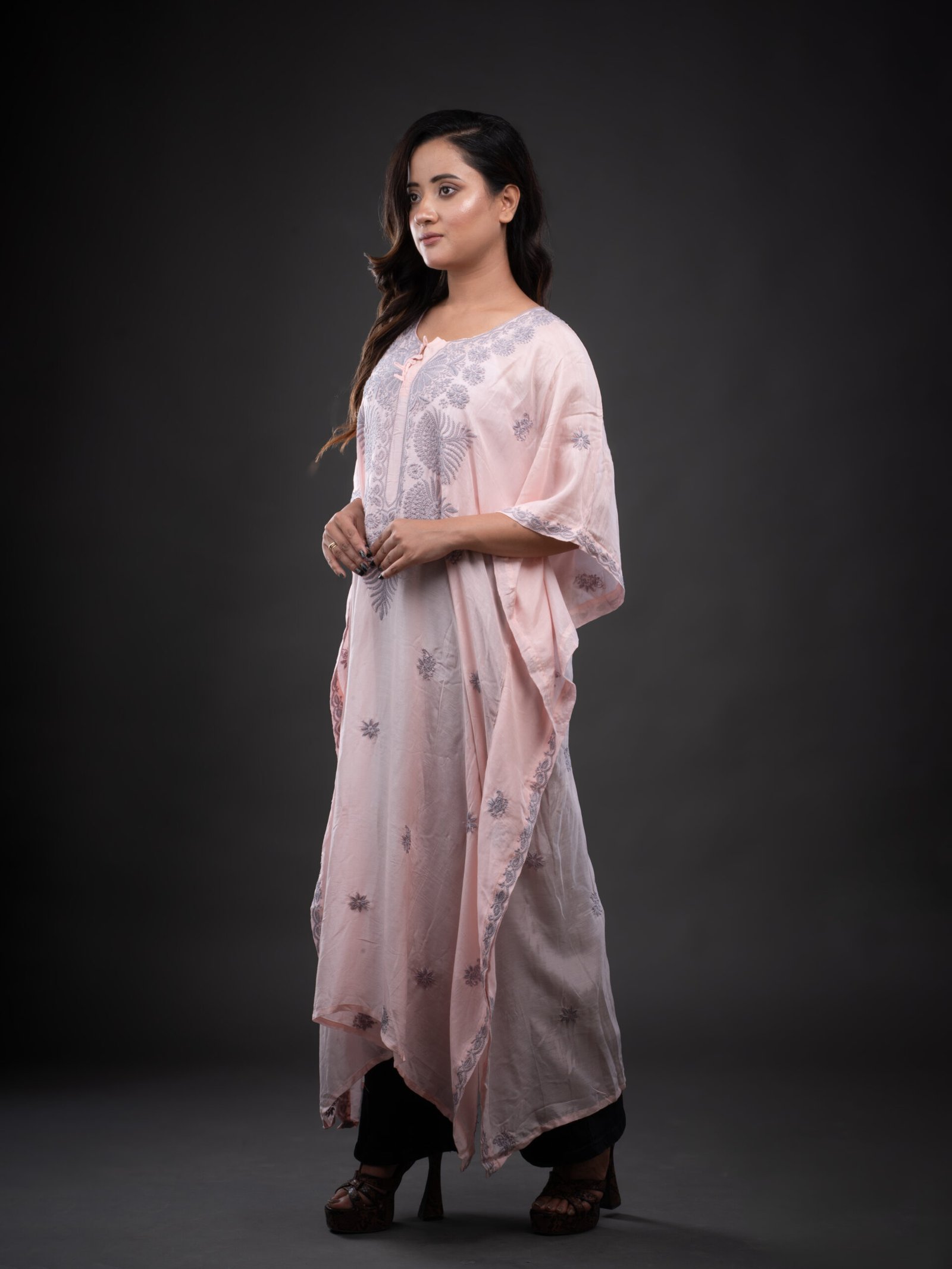 Baby Pink Muslin Kaftaan With Grey Chikankari - Image 5