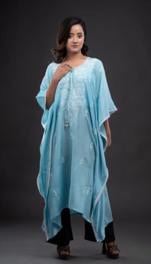 Sky Blue Muslim Kaftaans with Chikankari with Embellishment