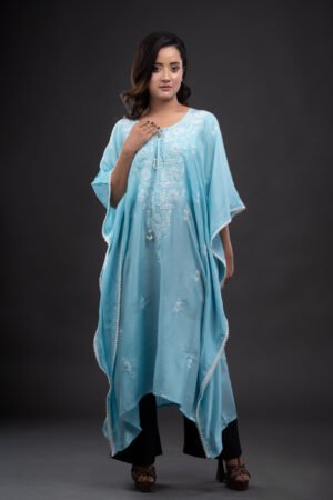 Sky Blue Satin Kaftaan with Pink Chikankari