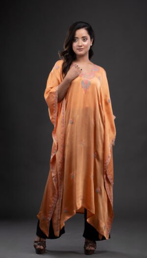 Orange Satin Kaftaan with Chikankari.