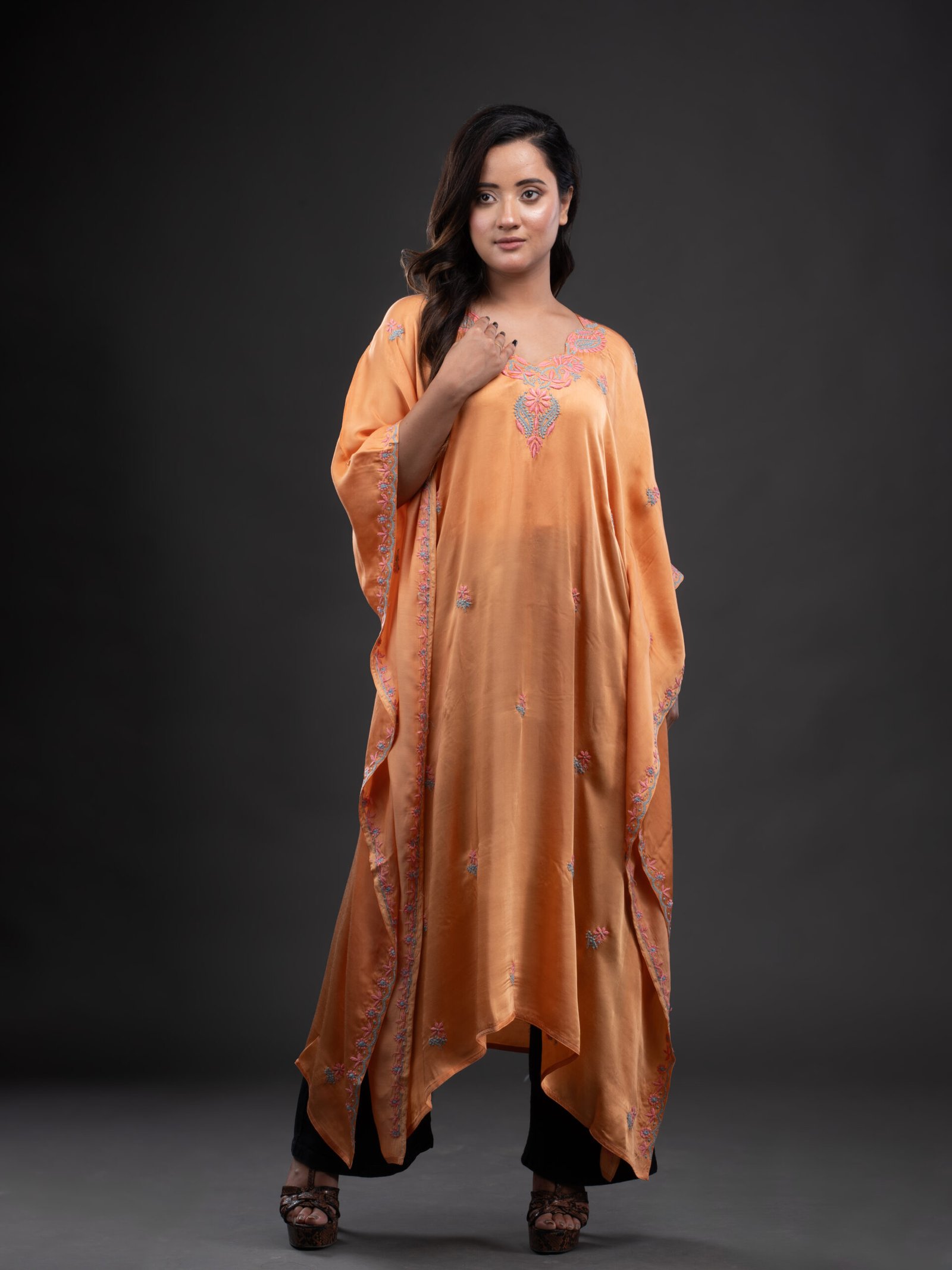 Orange Satin Kaftaan with Chikankari.