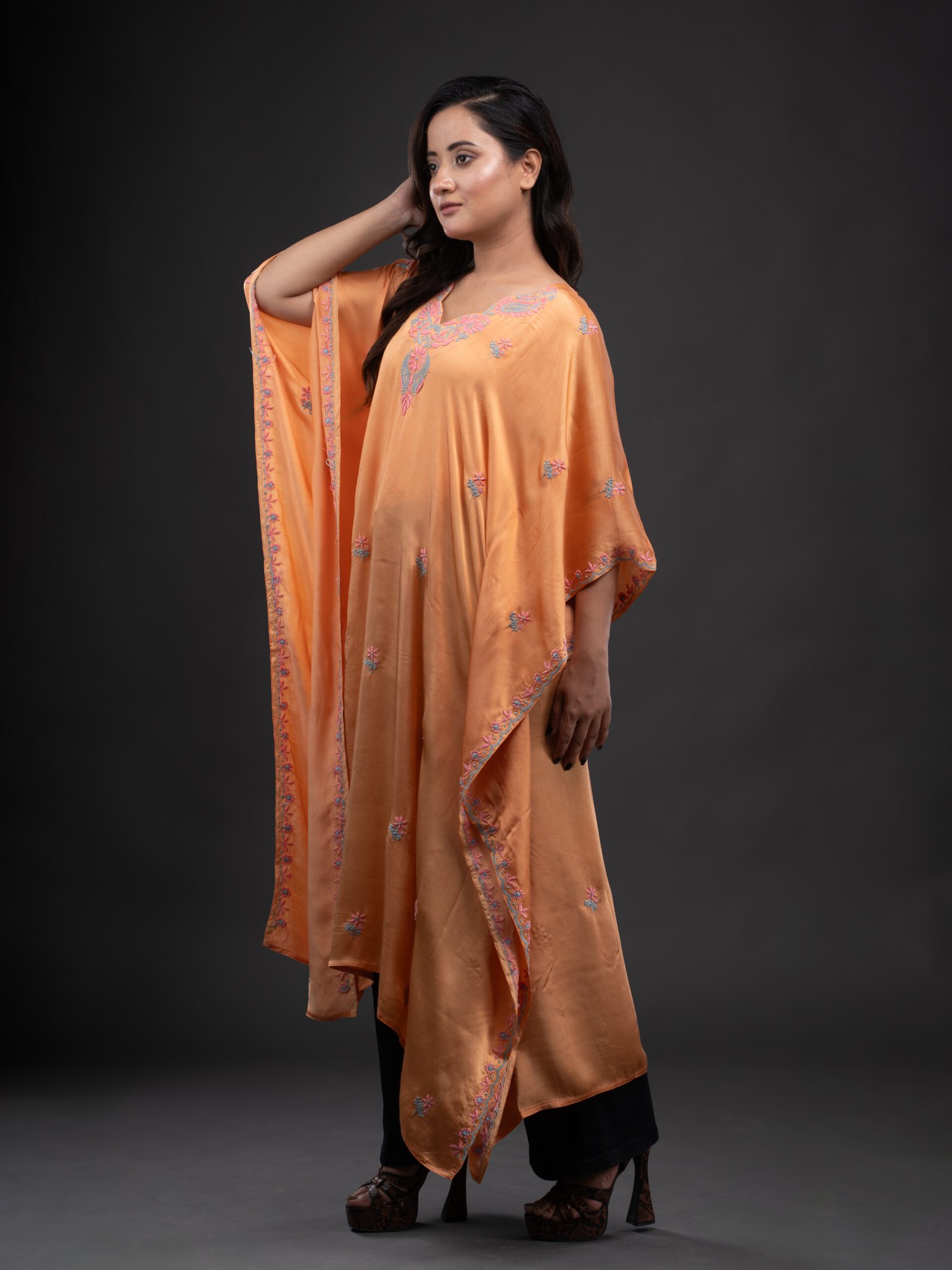 Orange Satin Kaftaan with Chikankari. - Image 5