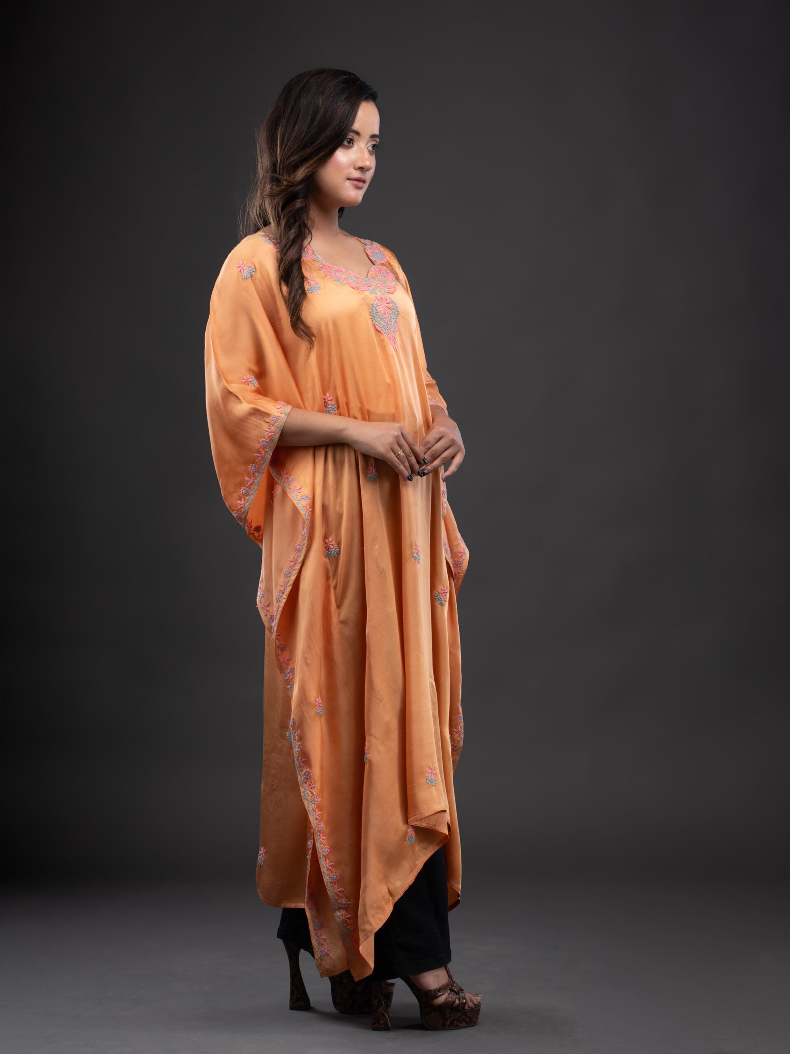 Orange Satin Kaftaan with Chikankari. - Image 4