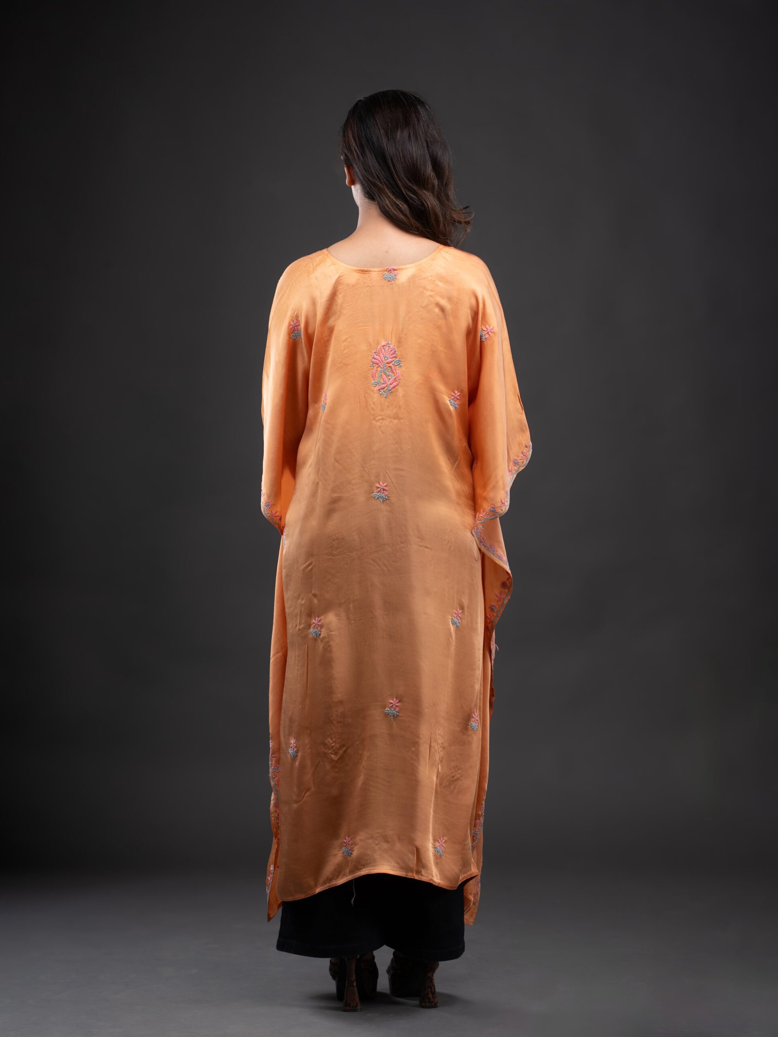 Orange Satin Kaftaan with Chikankari. - Image 2