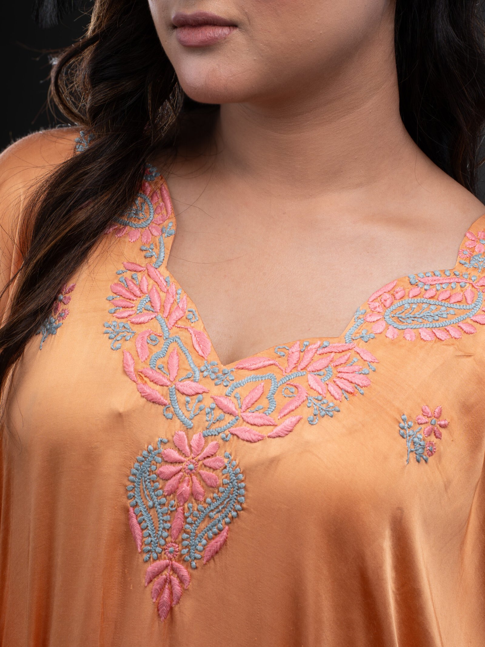 Orange Satin Kaftaan with Chikankari. - Image 3